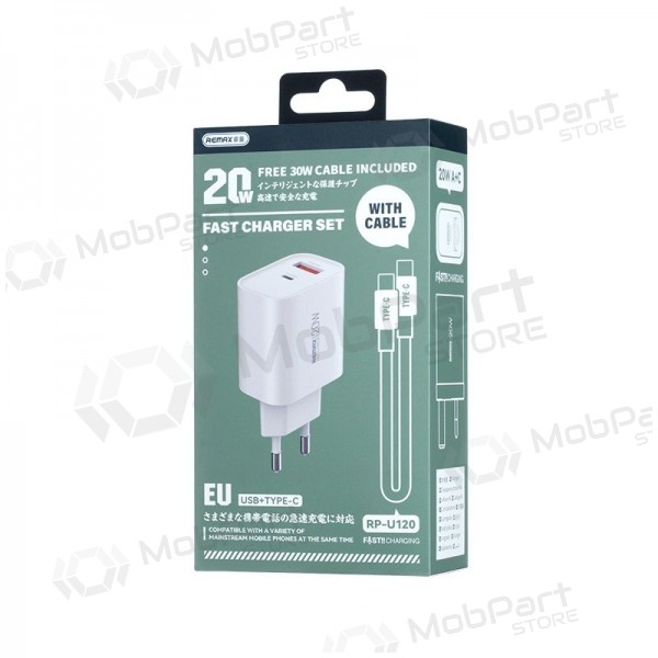 Cargador de teléfono Remax RP-U120 20 W USB-C + USB-A con cable USB-C 1 m blanco