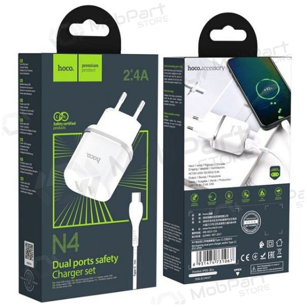 Cargador HOCO N4 Aspiring Dual USB + type-C cable (5V 2.4A) (blanco)