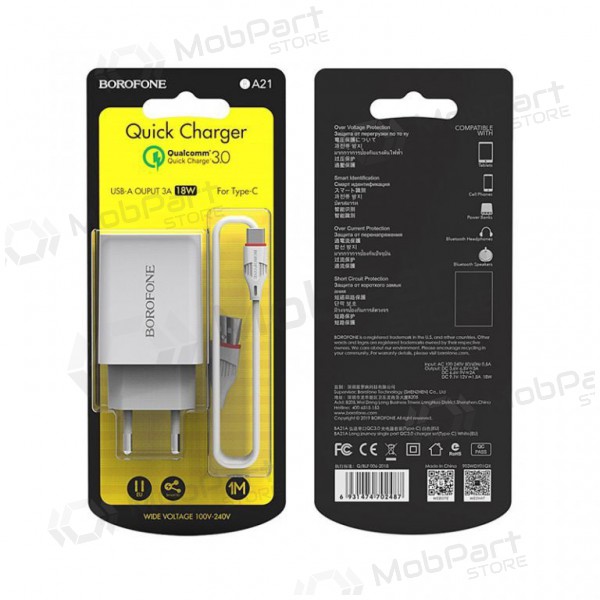 Cargador BOROFONE BA21A Long journey QC3.0 USB + Type-C cable 18W (3.6V-6.5V/3A, 6.6V-9V/2A, 9.1V-12V/1.5A) (blanco)