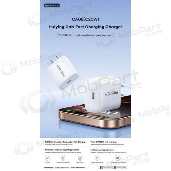 Cargador de teléfono Remax CA08 20 W USB-C blanco