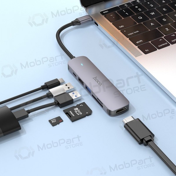 Adaptador USB-C Hoco HB28 USB-C a HDMI + USB 3.0 + USB 2.0 + SD + TF + PD gris