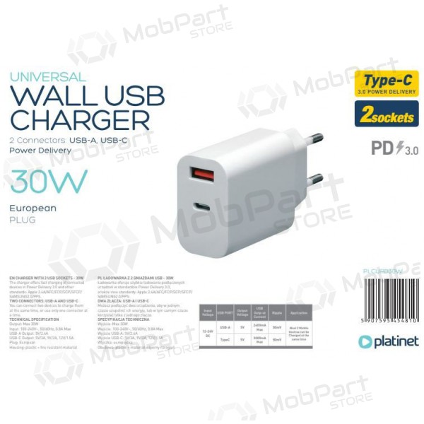 Platinet QuickCharge Type-C+USB 2.4A (30W) cargador
