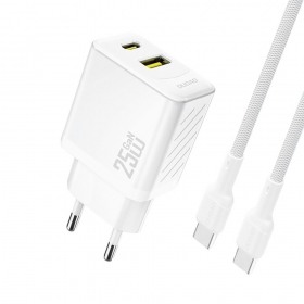 Cargador de teléfono Dudao A26TC 25 W GaN USB-C + USB-A con cable USB-C de 1 m blanco