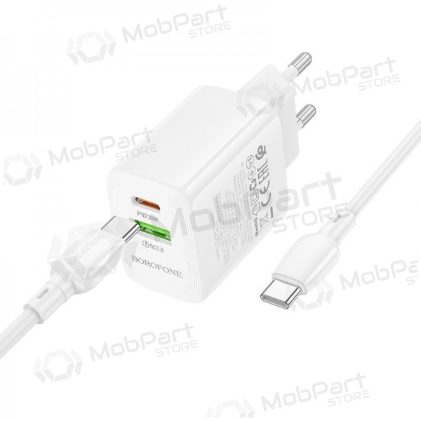 Cargador de teléfono Borofone BN29 30 W USB-C + USB-A con cable USB-C de 1 m blanco