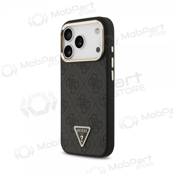 Funda para Apple iPhone 18 Pro Max - Guess PU Leather 4G Strass Triangle Logo Gold Frame MagSafe (negra)