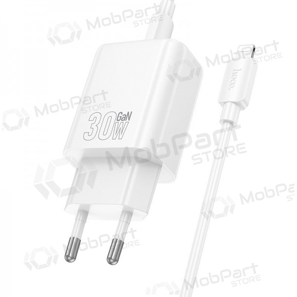 Cargador de teléfono Hoco N63 30 W GaN USB-C + USB-A con cable Lightning de 1 m blanco