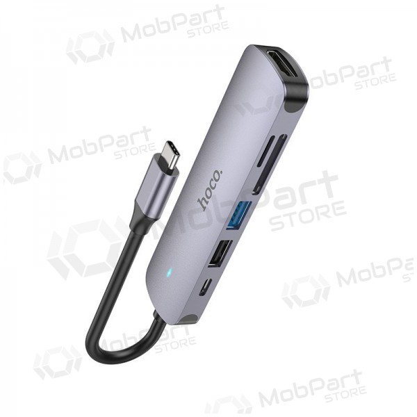 Adaptador USB-C Hoco HB28 USB-C a HDMI + USB 3.0 + USB 2.0 + SD + TF + PD gris