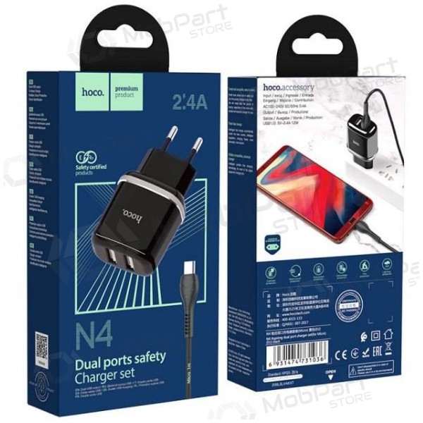 Cargador HOCO N4 Aspiring Dual USB + microUSB cable (5V 2.4A) (negro)