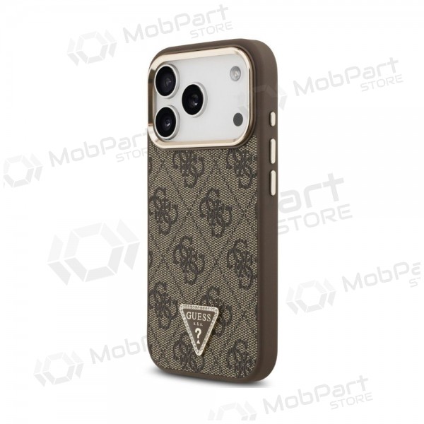 Funda para Apple iPhone 18 Pro - Guess PU Leather 4G Strass Triangle Logo Gold Frame MagSafe (marrón)