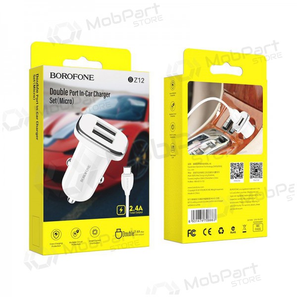 Cargador automobilinis Borofone BZ12 USB + microUSB (2.4A) (blanco)