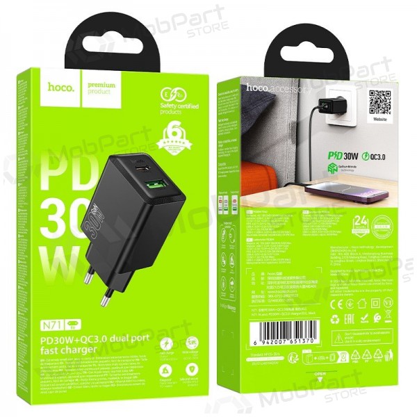 Cargador de teléfono Hoco N71 30 W GaN USB-C + USB-A negro