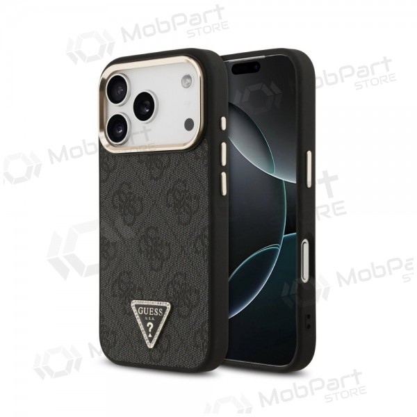 Funda para Apple iPhone 18 Pro - Guess PU Leather 4G Strass Triangle Logo Gold Frame MagSafe (negra)