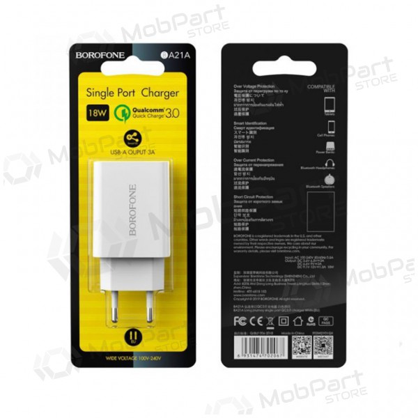Cargador BOROFONE BA21A Long journey QC3.0 USB 18W (3.6V-6.5V/3A, 6.6V-9V/2A, 9.1V-12V/1.5A) (blanco)