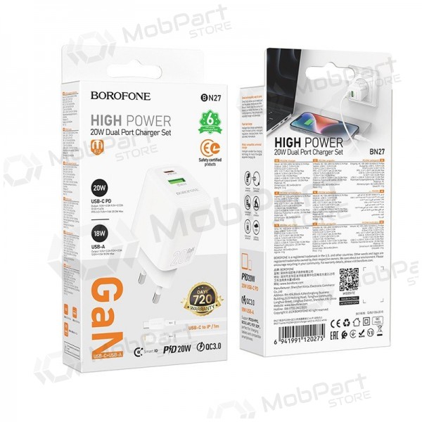 Cargador de teléfono Borofone BN27 20 W USB-C + USB-A con cable Lightning 1 m blanco