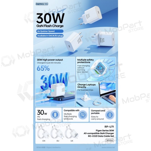 Cargador de teléfono Remax RP-U71 30 W GaN USB-C con cable USB-C de 1 m blanco