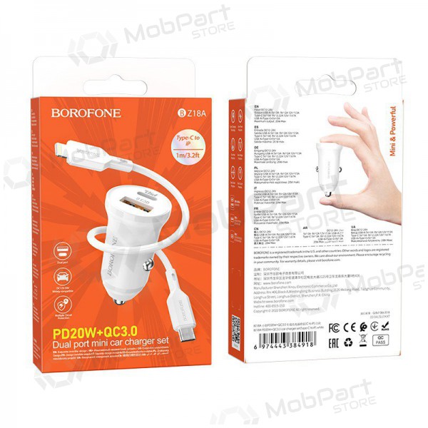 Cargador automobilinis Borofone BZ18A USB-A/Type-C PD20W+QC3.0 + Lightning (blanco)
