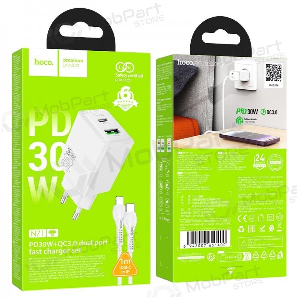 Cargador de teléfono Hoco N71 30 W GaN USB-C + USB-A con cable Lightning de 1 m blanco