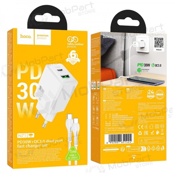 Cargador de teléfono Hoco N71 30 W GaN USB-C + USB-A con cable USB-C de 1 m blanco