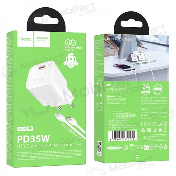 Cargador de teléfono Hoco N66 35 W GaN USB-C + USB-A con cable Lightning de 1 m blanco