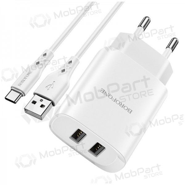 Cargador Borofone BN2 2xUSB 2.1A + USB Type-C (blanco)