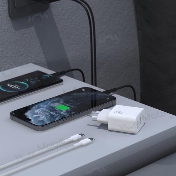 Cargador de teléfono Dudao A26TC 25 W GaN USB-C + USB-A con cable USB-C de 1 m blanco