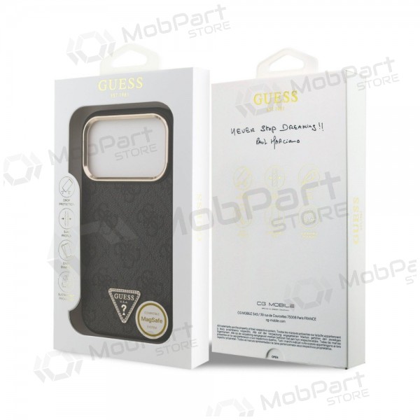 Funda para Apple iPhone 18 Pro - Guess PU Leather 4G Strass Triangle Logo Gold Frame MagSafe (negra)