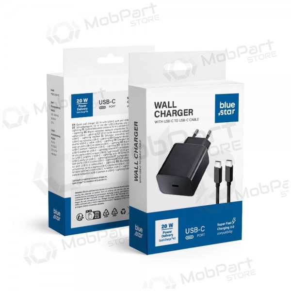 Cargador de teléfono Blue Star 20 W USB-C con cable USB-C negro
