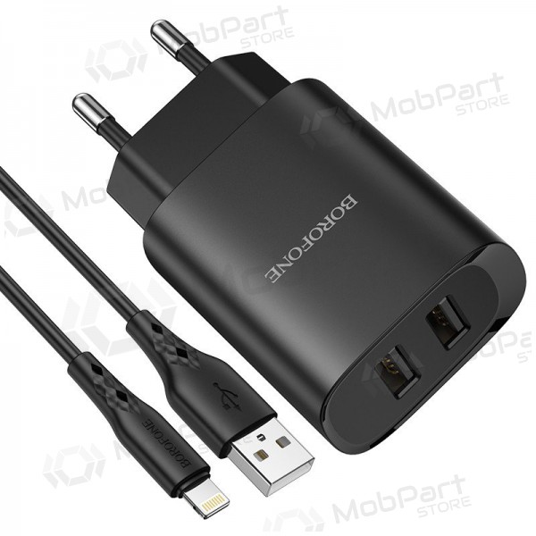 Cargador Borofone BN2 2xUSB 2.1A + Lightning (negro)