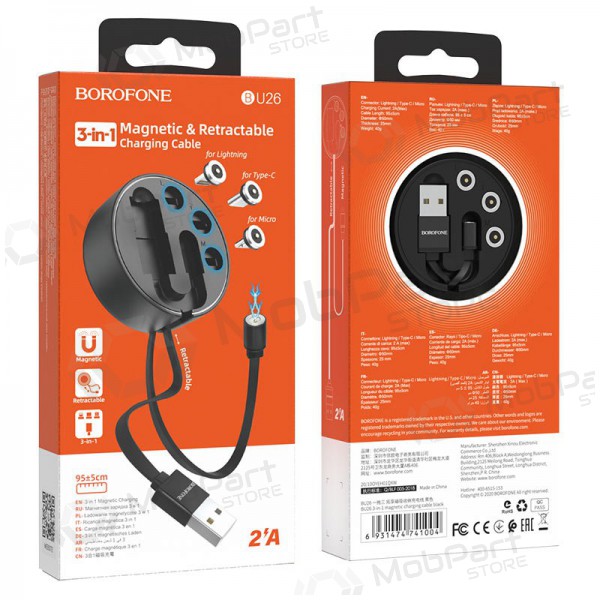 USB cable Borofone BU26 3in1 microUSB-Lightning-Type-C magnetinic 1.0m (negro)