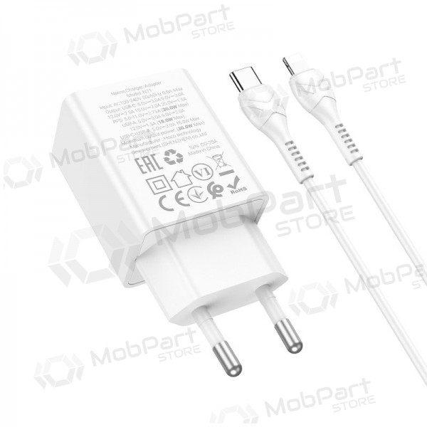 Cargador de teléfono Hoco N71 30 W GaN USB-C + USB-A con cable Lightning de 1 m blanco
