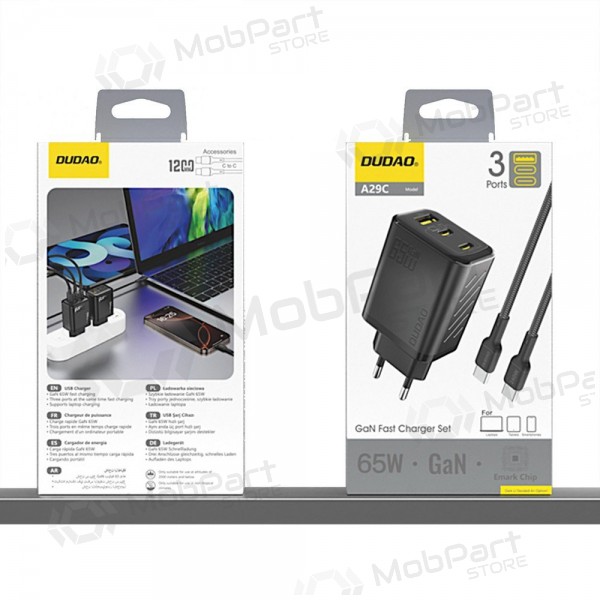 Cargador de teléfono Dudao A28PC 45 W GaN 2x USB-C con cable USB-C de 1 m negro