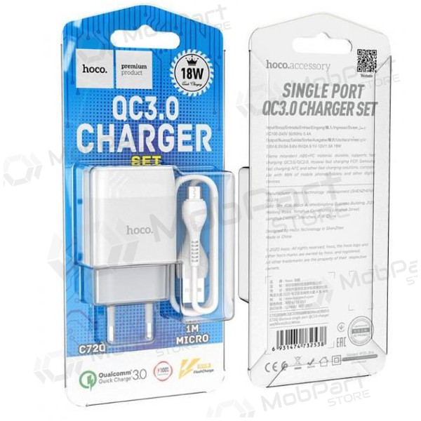 Cargador HOCO C72Q Glorious USB + microUSB cable (QC3.0) (blanco)