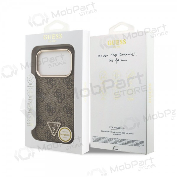 Funda para Apple iPhone 18 Pro - Guess PU Leather 4G Strass Triangle Logo Gold Frame MagSafe (marrón)