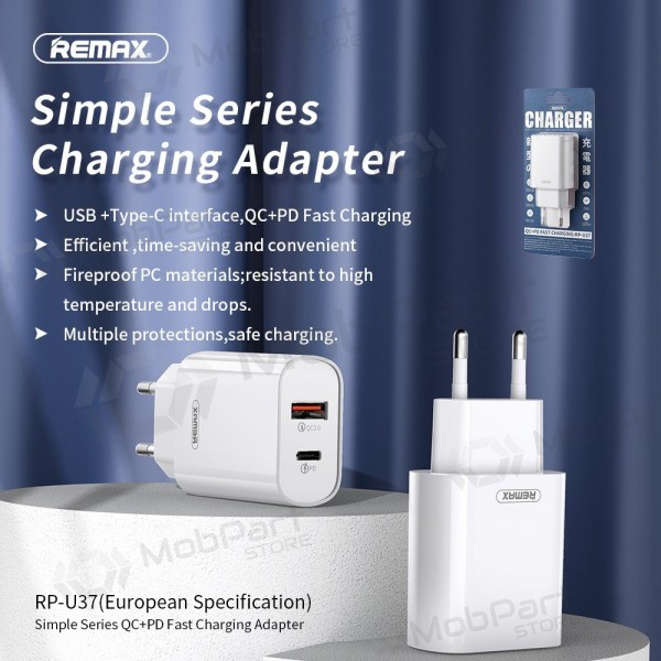 Cargador de teléfono Remax RP-U37 20 W USB-C + USB-A blanco