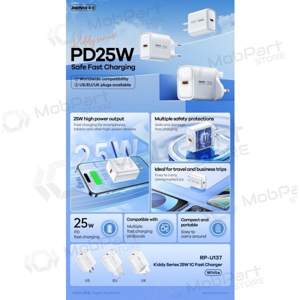 Cargador de teléfono Remax RP-U137 25 W USB-C blanco