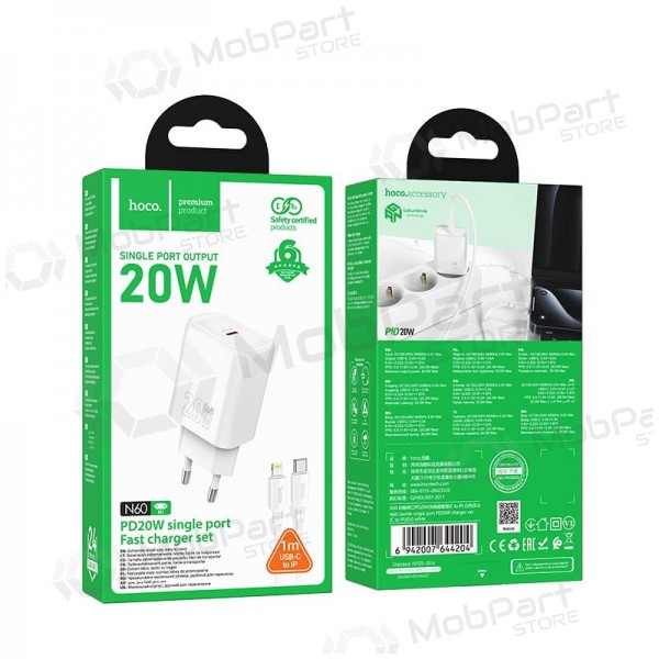 Cargador Hoco N60 20W GaN USB-C + USB-C to Lightning cable 1.0m blanco