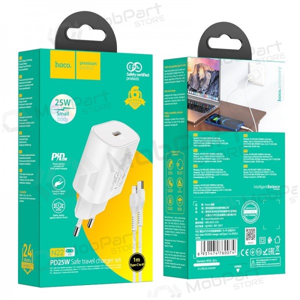 Cargador de teléfono Hoco N22 25 W USB-C con cable Lightning 1 m blanco