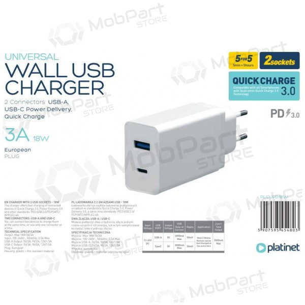 Platinet QuickCharge Type-C+USB 3.0A (18W) cargador