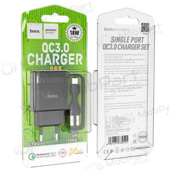 Cargador HOCO C72Q Glorious USB + type-C cable (QC3.0) (negro)