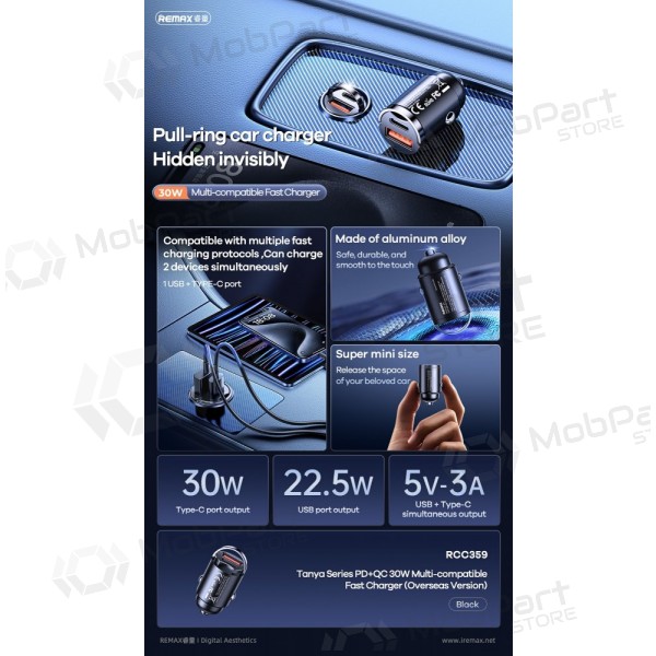 Cargador de coche para teléfono Remax RCC359 30 W USB-C + USB-A negro