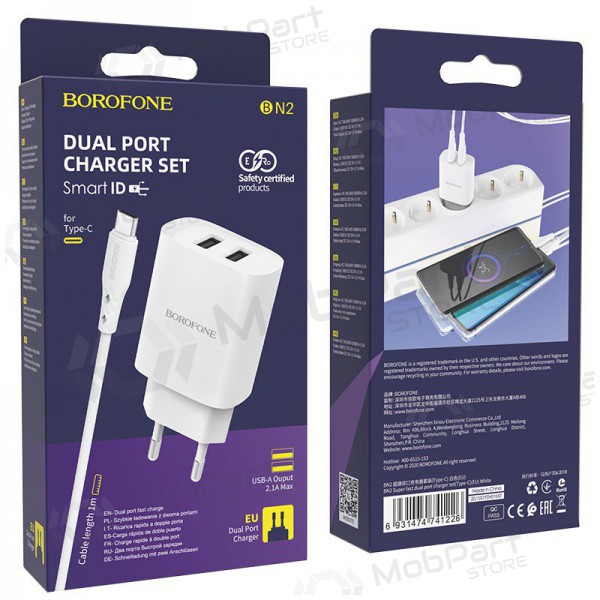 Cargador Borofone BN2 2xUSB 2.1A + USB Type-C (blanco)