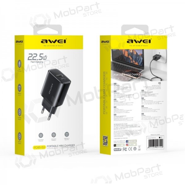 Cargador de teléfono Awei PD85T-EU 22.5 W USB-C + USB-A con cable USB-C de 1 m negro