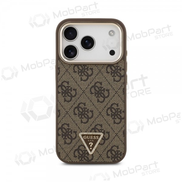 Funda para Apple iPhone 18 Pro - Guess PU Leather 4G Strass Triangle Logo Gold Frame MagSafe (marrón)