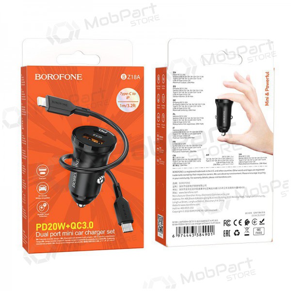 Cargador automobilinis Borofone BZ18A USB-A/Type-C PD20W+QC3.0 + Lightning (negro)