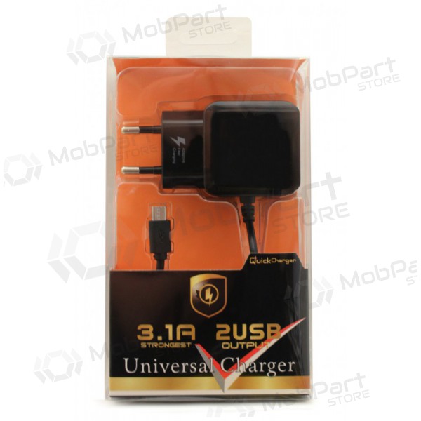 Cargador F13c FastCharging x 2 USB (3.1A) + microUSB (negro)