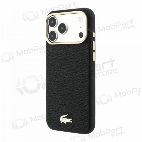 Funda para Apple iPhone 18 Pro - Lacoste PU Leather Champs Elysees Gold Logo MagSafe (negra)