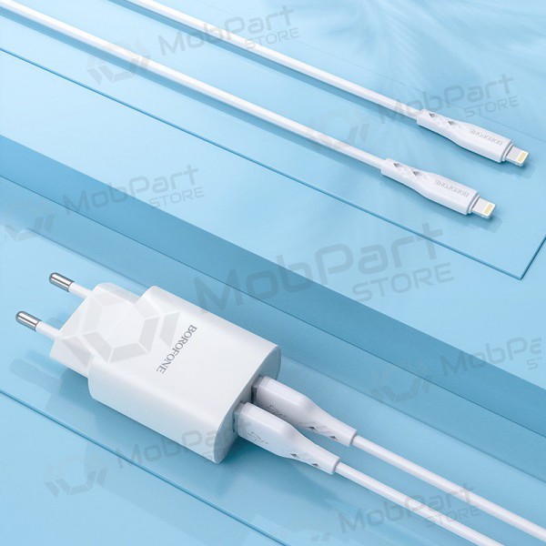 Cargador Borofone BN2 2xUSB 2.1A + Lightning (blanco)