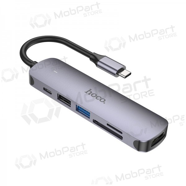 Adaptador USB-C Hoco HB28 USB-C a HDMI + USB 3.0 + USB 2.0 + SD + TF + PD gris