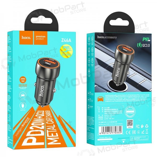 Cargador automobilinis Hoco Z46A USB-A/Type-C PD20W+QC3.0 gris