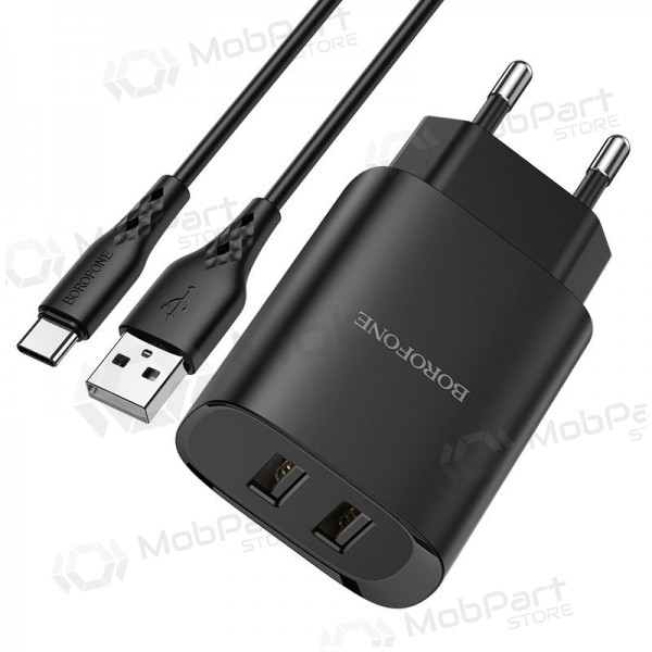Cargador Borofone BN2 2xUSB 2.1A + USB Type-C (negro)